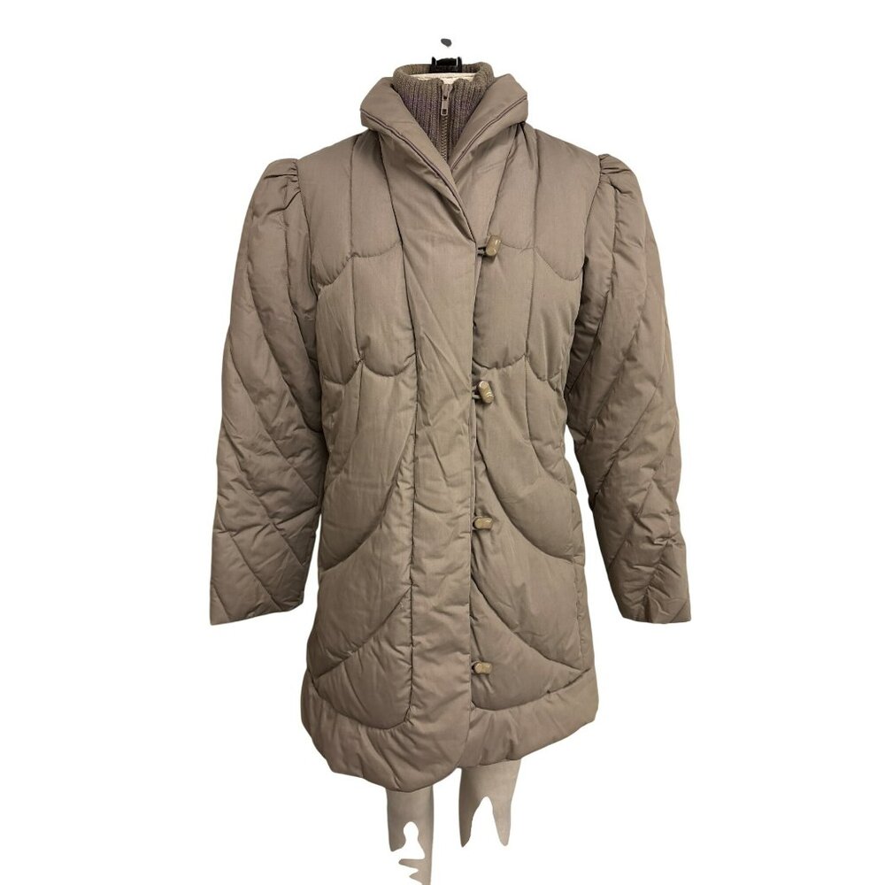 Vintage Ms. Freddi Taupe Quilted Coat With Puff Shoulders and Knit Collar S